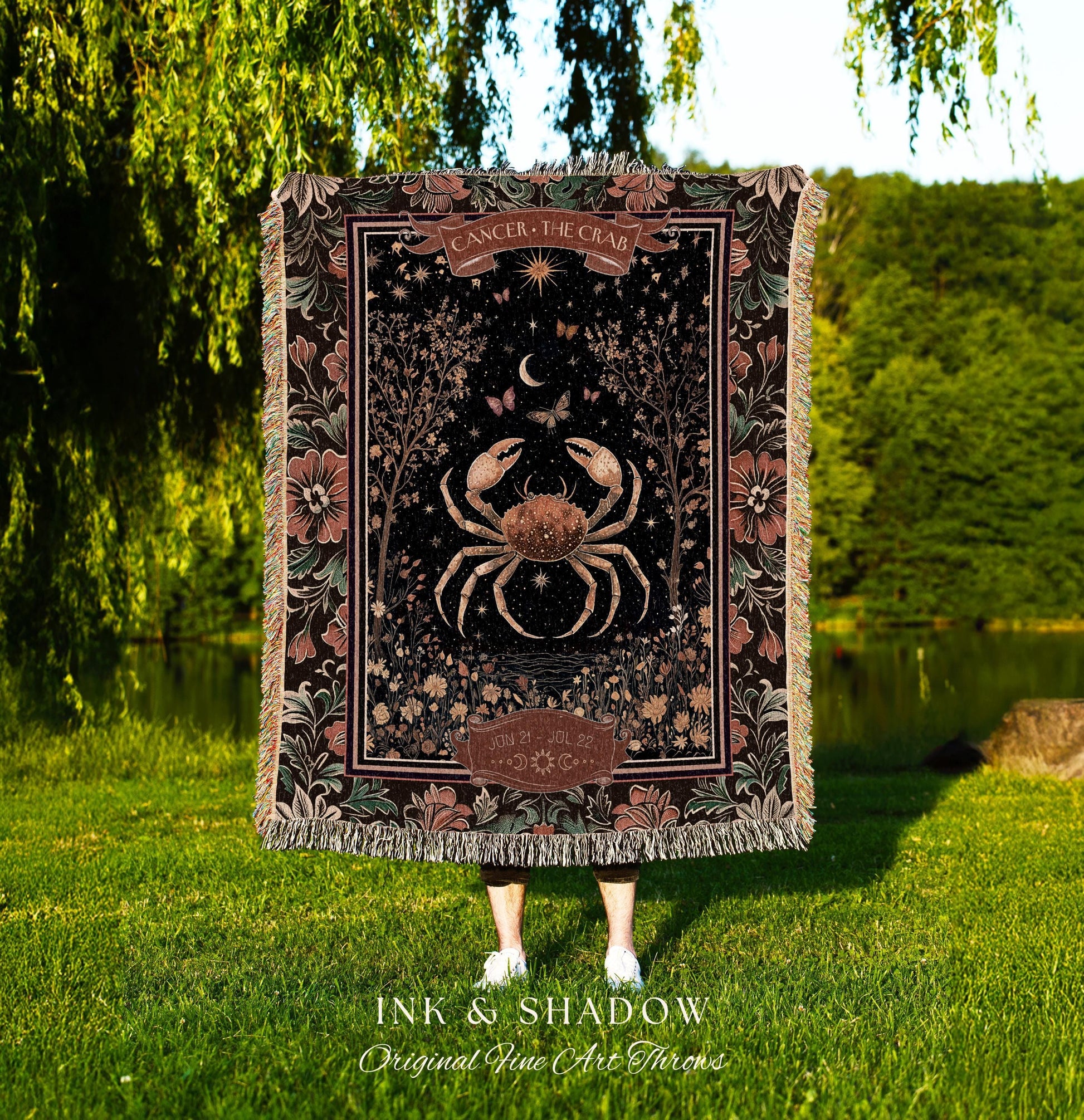 Gothic Romantic Cancer Zodiac Sign Blanket Celestial Forestcore Throw | The Crab Astrology Victorian Constellation Tapestry Birth Month Gift