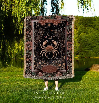 Gothic Romantic Cancer Zodiac Sign Blanket Celestial Forestcore Throw | The Crab Astrology Victorian Constellation Tapestry Birth Month Gift