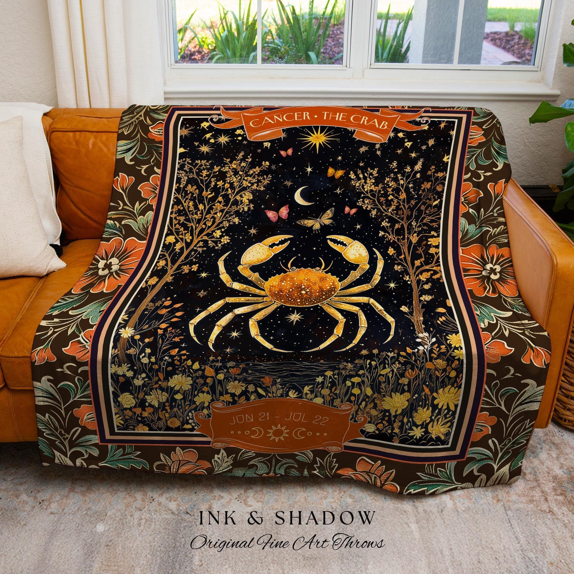 Gothic Romantic Cancer Zodiac Sign Blanket Celestial Forestcore Throw | The Crab Astrology Victorian Constellation Tapestry Birth Month Gift