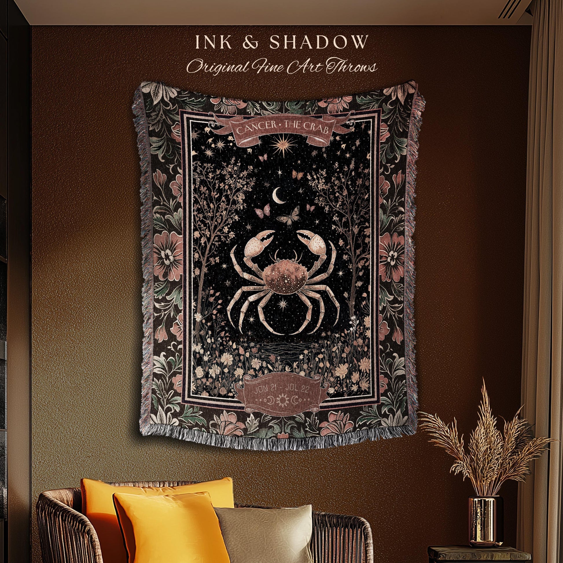 Gothic Romantic Cancer Zodiac Sign Blanket Celestial Forestcore Throw | The Crab Astrology Victorian Constellation Tapestry Birth Month Gift