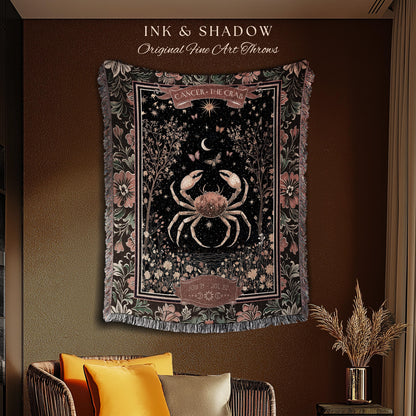 Gothic Romantic Cancer Zodiac Sign Blanket Celestial Forestcore Throw | The Crab Astrology Victorian Constellation Tapestry Birth Month Gift
