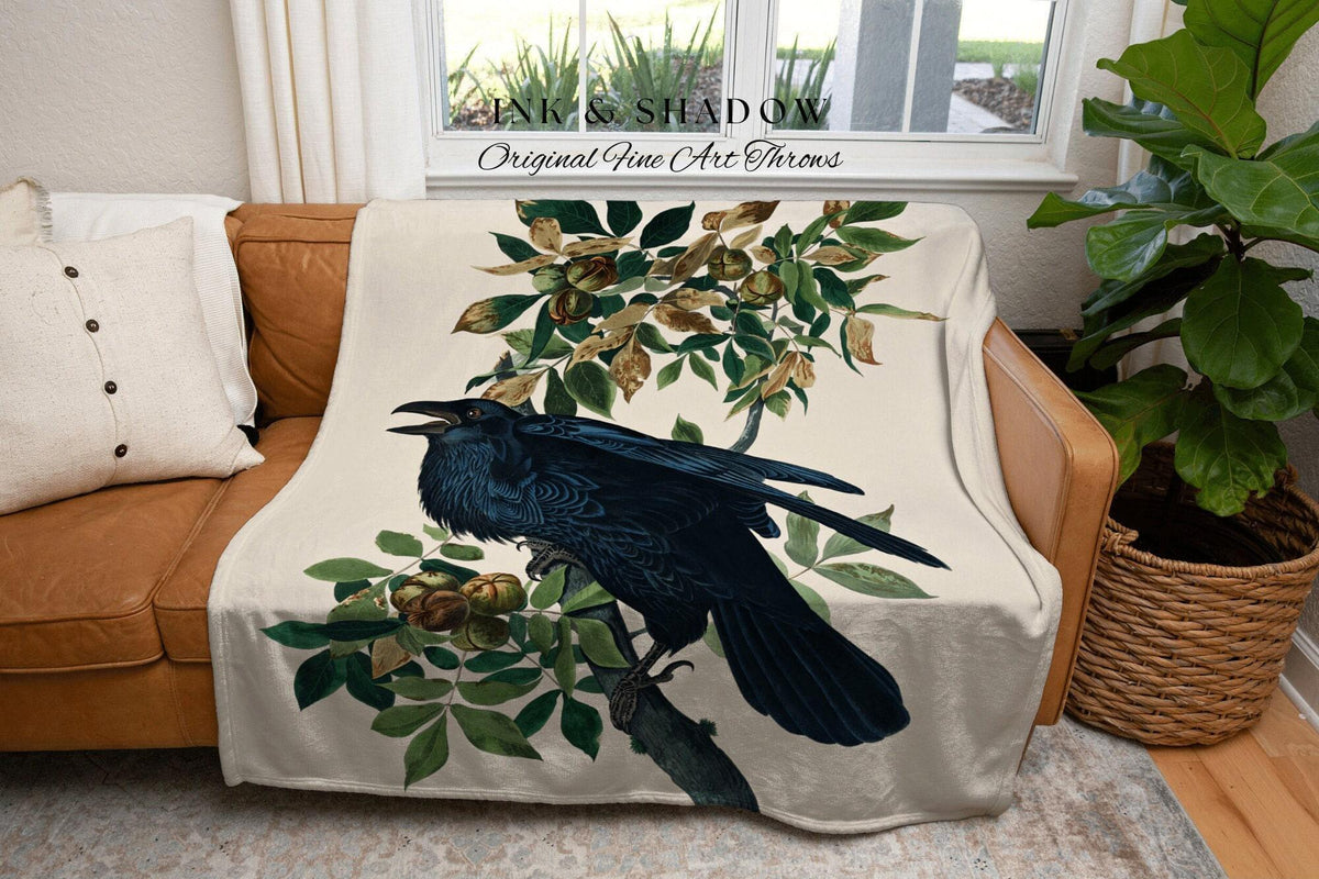 Woodland Gothic Room Decor Gothic Blanket Woven Tapestry | Crow Raven Decor Dark Cottagecore Tapestry Woven Throw Blanket Whimsigoth Decor