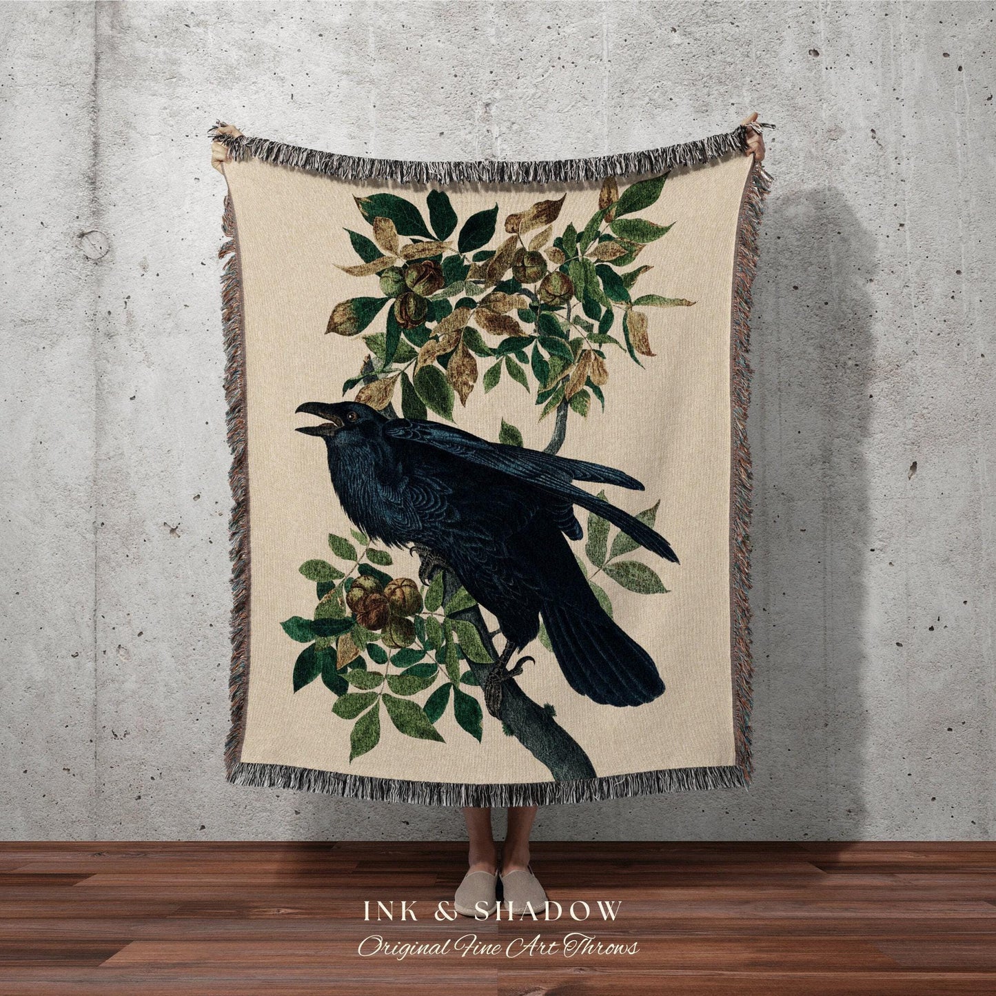 Woodland Gothic Room Decor Gothic Blanket Woven Tapestry | Crow Raven Decor Dark Cottagecore Tapestry Woven Throw Blanket Whimsigoth Decor |