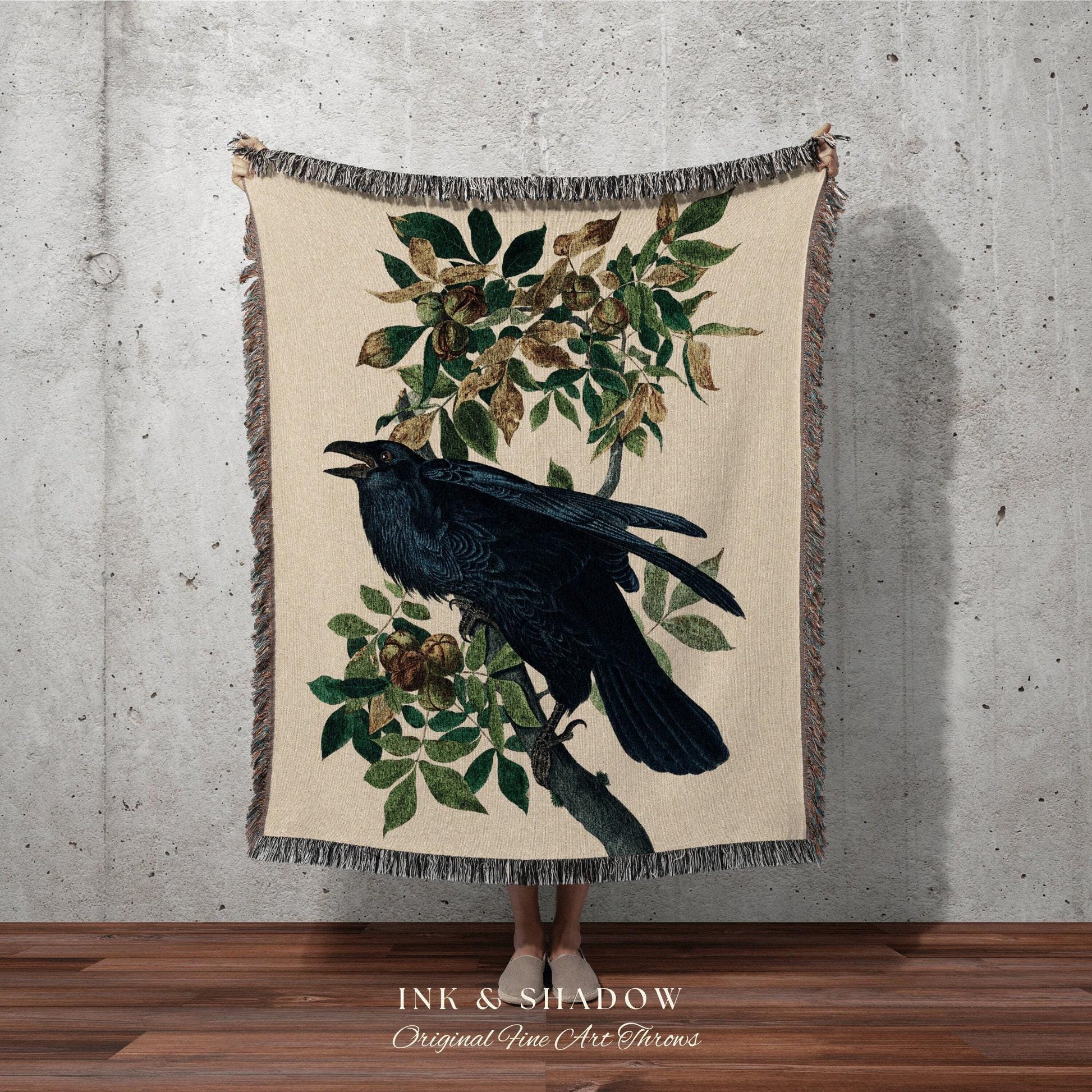 Woodland Gothic Room Decor Gothic Blanket Woven Tapestry | Crow Raven Decor Dark Cottagecore Tapestry Woven Throw Blanket Whimsigoth Decor |