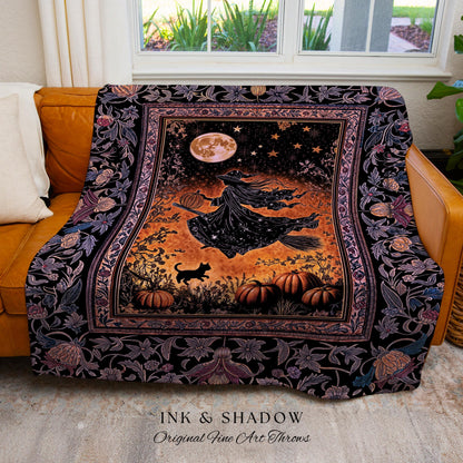 Harvest Moon Spooky Witch Woven Blanket | Enchanted Black Cat Moody Wall Tapestry Gothic Decor Folklore Aesthetic Celestial Night Whimsical