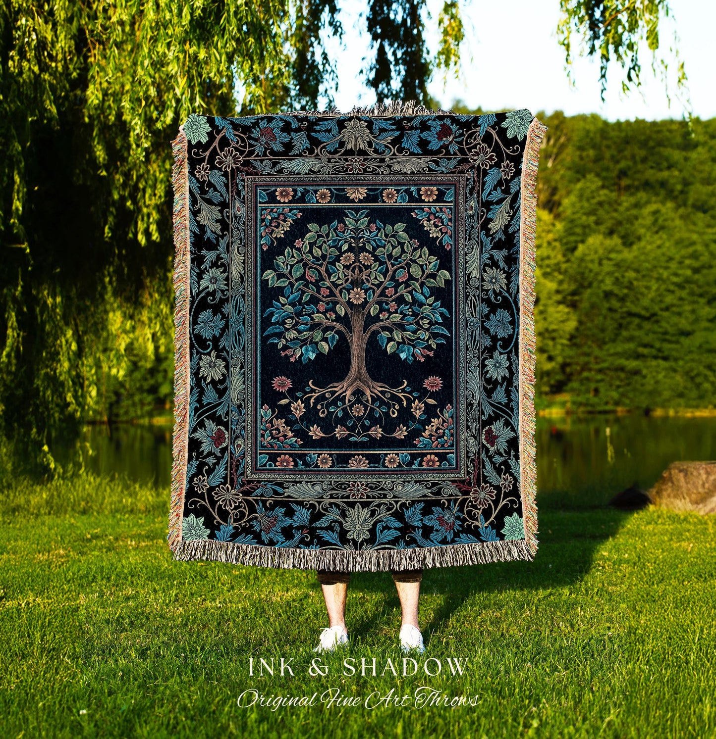 Moody Gothic Blues Tree of Life Throw Blanket | Mystical Garden Theme Vintage Floral Decor Romantic Folk Art Forestcore Woven Tapestry Boho