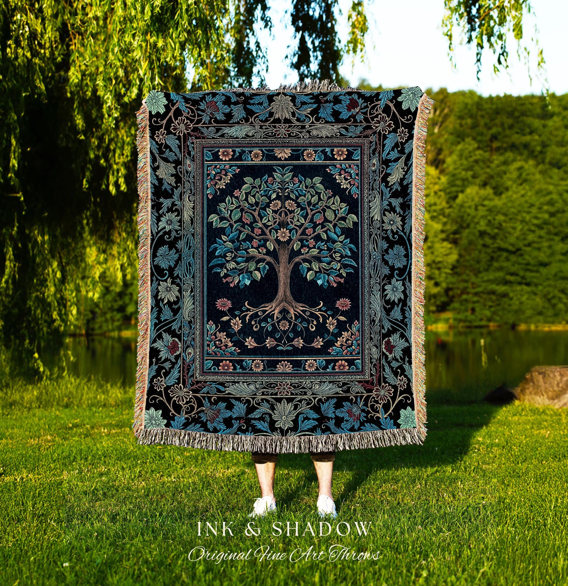 Moody Gothic Blues Tree of Life Throw Blanket | Mystical Garden Theme Vintage Floral Decor Romantic Folk Art Forestcore Woven Tapestry Boho