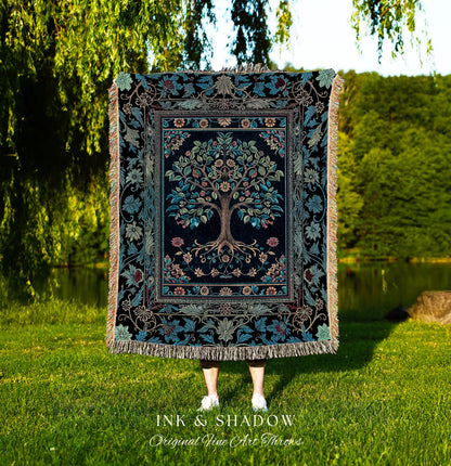 Moody Gothic Blues Tree of Life Throw Blanket | Mystical Garden Theme Vintage Floral Decor Romantic Folk Art Forestcore Woven Tapestry Boho