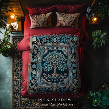 Moody Gothic Blues Tree of Life Throw Blanket | Mystical Garden Theme Vintage Floral Decor Romantic Folk Art Forestcore Woven Tapestry Boho