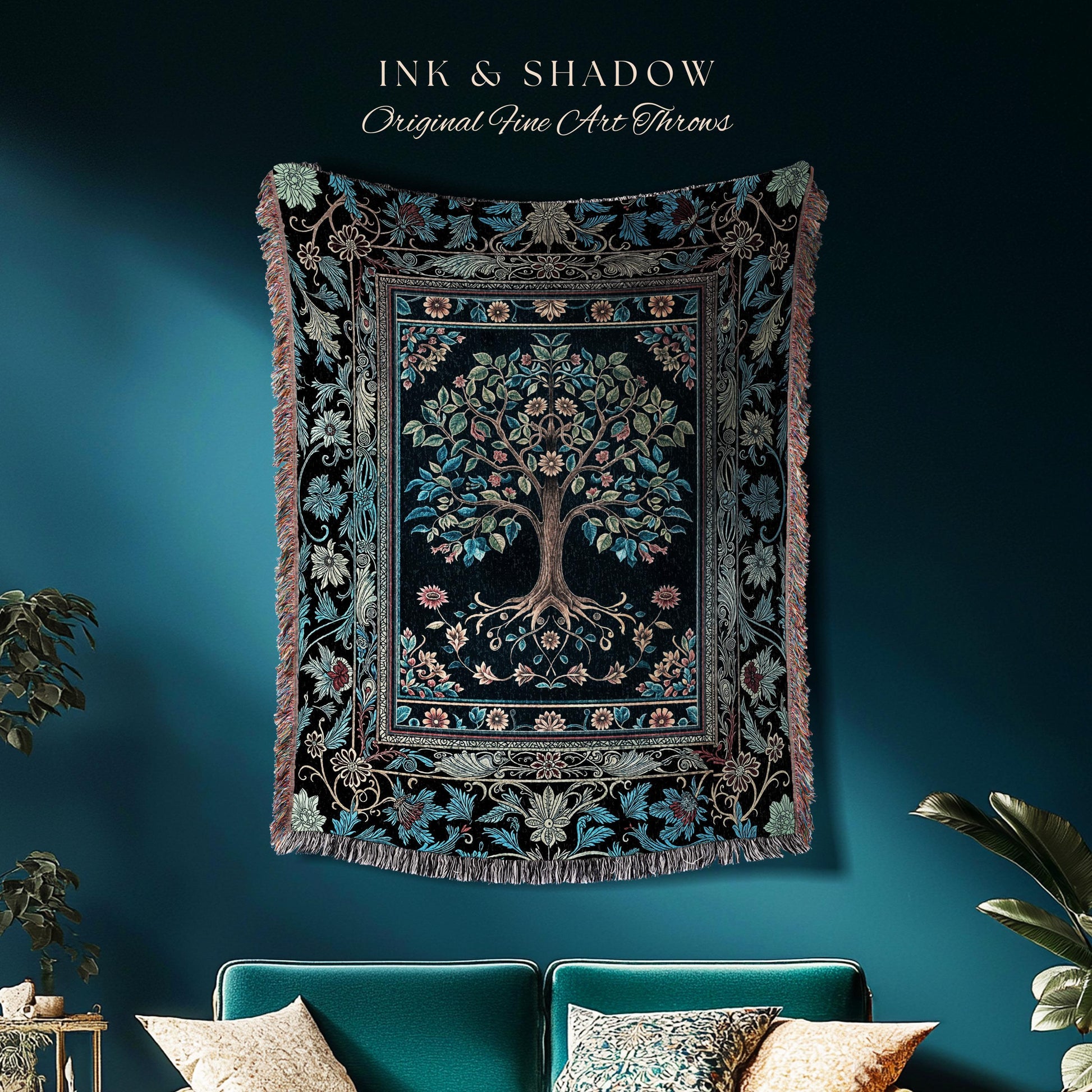 Moody Gothic Blues Tree of Life Throw Blanket | Mystical Garden Theme Vintage Floral Decor Romantic Folk Art Forestcore Woven Tapestry Boho