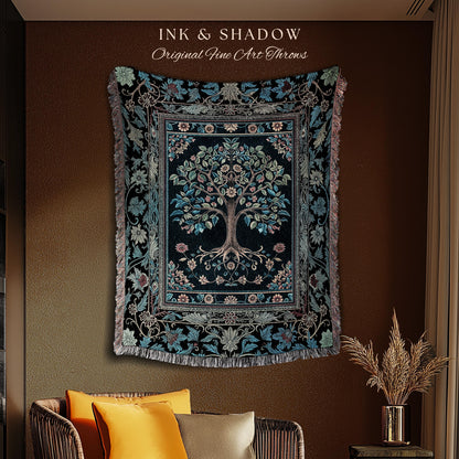 Moody Gothic Blues Tree of Life Throw Blanket | Mystical Garden Theme Vintage Floral Decor Romantic Folk Art Forestcore Woven Tapestry Boho