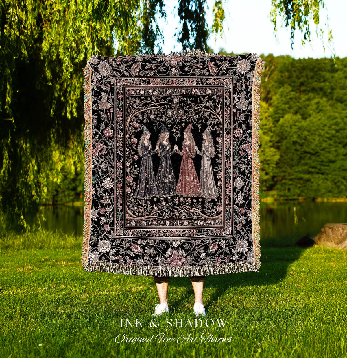 Medieval Maiden Gathering Tapestry Blanket Romantic Gothic Folklore Decor | Enchanted Botanical Courtship Woven Wall Art Fairytale Romance