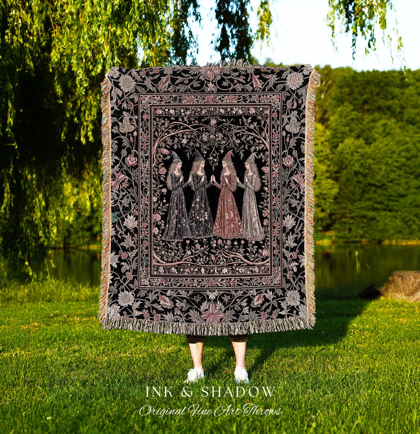 Medieval Maiden Gathering Tapestry Blanket Romantic Gothic Folklore Decor | Enchanted Botanical Courtship Woven Wall Art Fairytale Romance