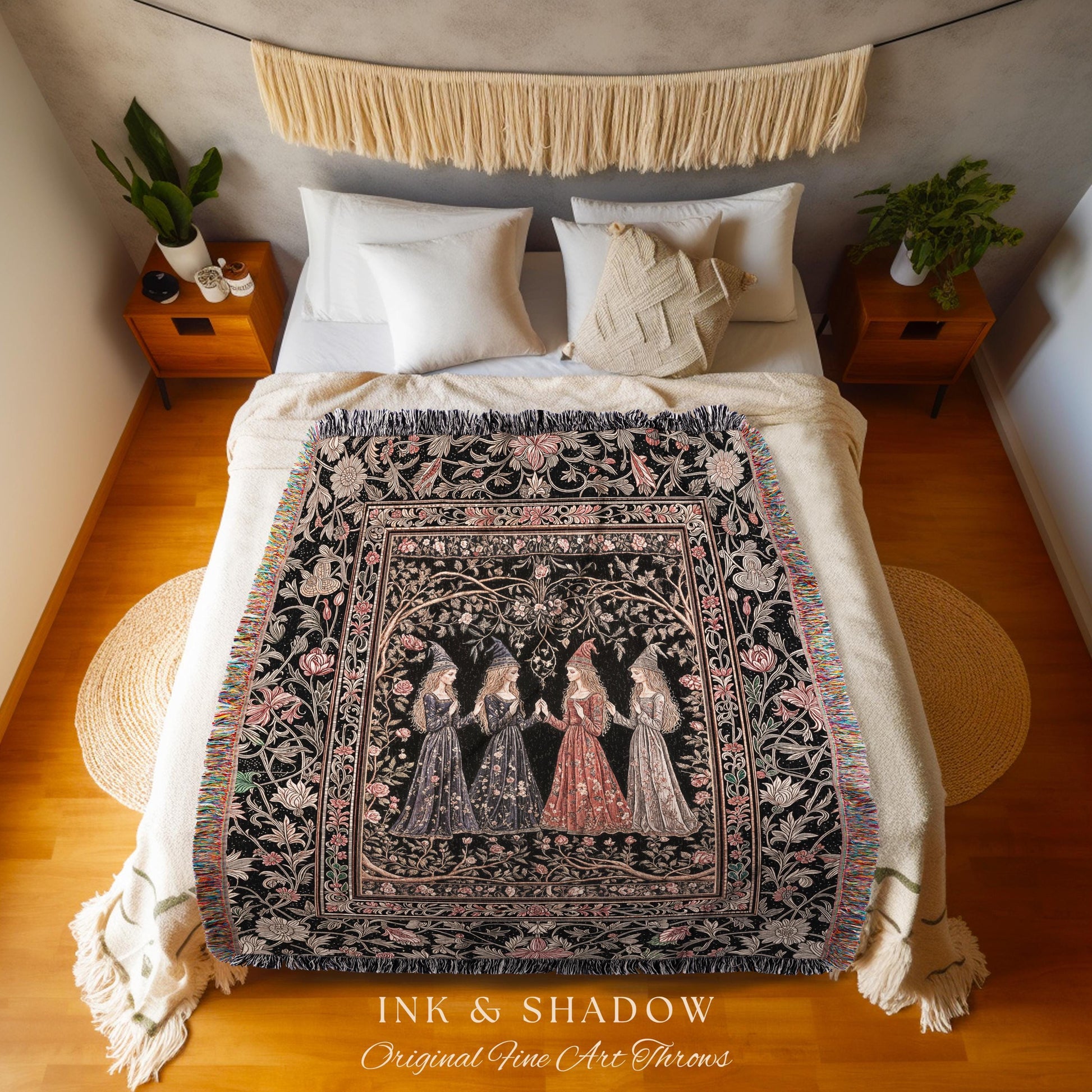 Enchanted Maidens Rustic Woven Tapestry | Mystical Folklore Floral Gothic Art Nouveau Throw Blanket Ethereal Coven Magic Dark Boho Aesthetic