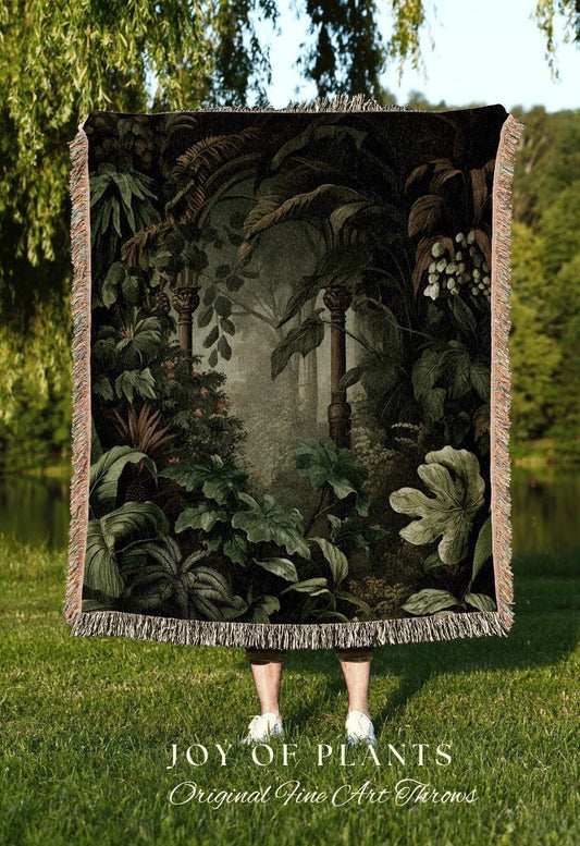 Misty Forest Tapestry Gothic | Woven Cotton Throw Blanket Dark Cottagecore Botanical Blanket Forest Tapestry Fairycore Bedroom Decor Jungle