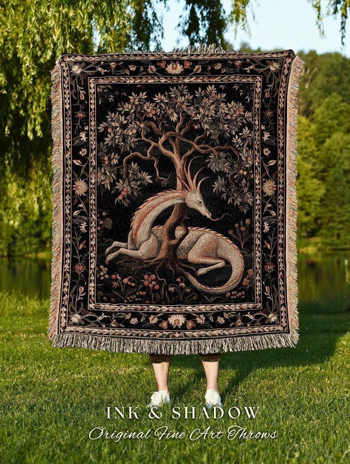 Folklore Dragon Woven Blanket | Medieval Aesthetic Fairytale Inspired Wall Art Cottagecore Style Fairycore Woven Throw Tapestry Botanical |