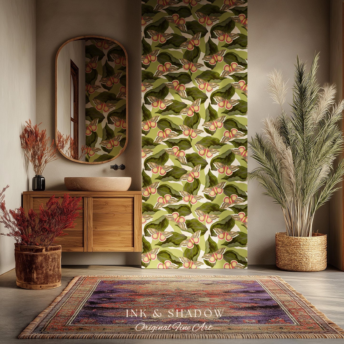 Retro Moth Wallpaper Green | Renter Friendly Peel & Stick Wall Decor Eclectic Whimsy Maximalist Home George Shaw's Butterfly Collage