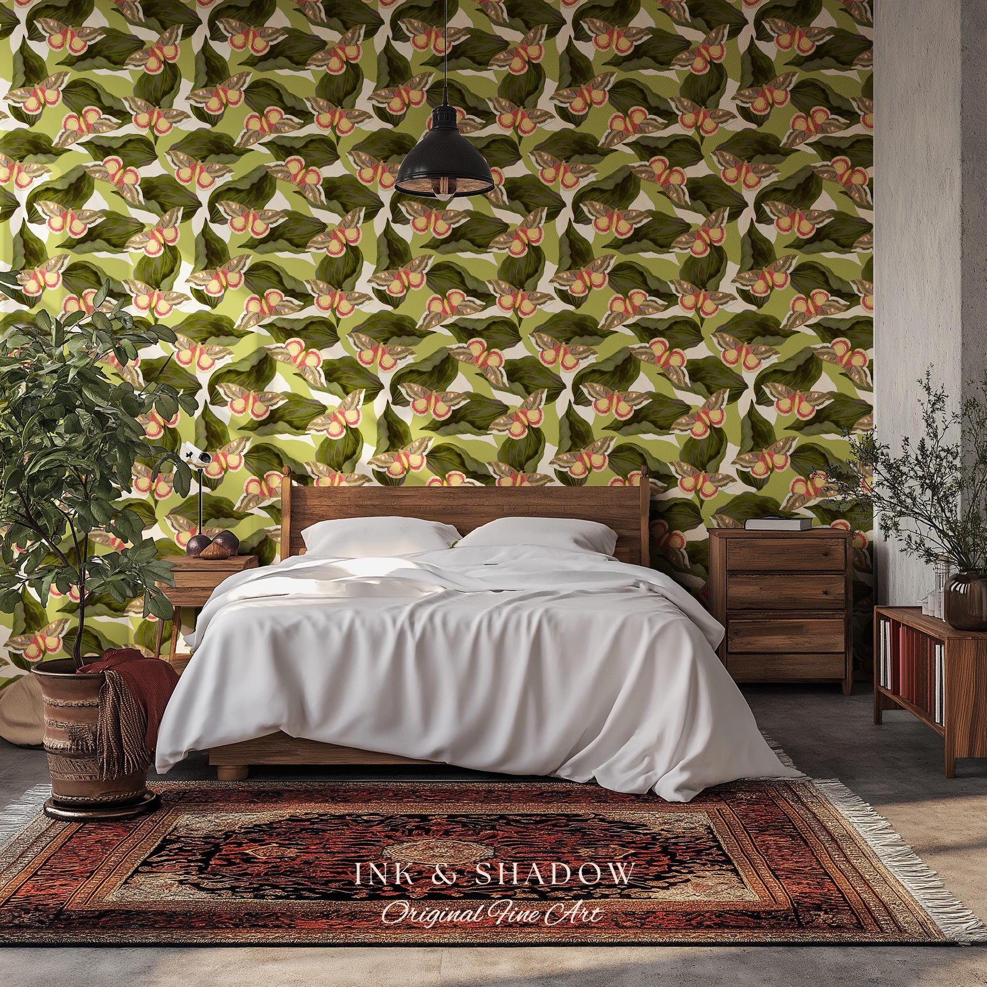 Retro Moth Wallpaper Green | Renter Friendly Peel & Stick Wall Decor Eclectic Whimsy Maximalist Home George Shaw's Butterfly Collage