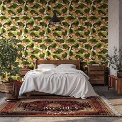 Retro Moth Wallpaper Green | Renter Friendly Peel & Stick Wall Decor Eclectic Whimsy Maximalist Home George Shaw's Butterfly Collage