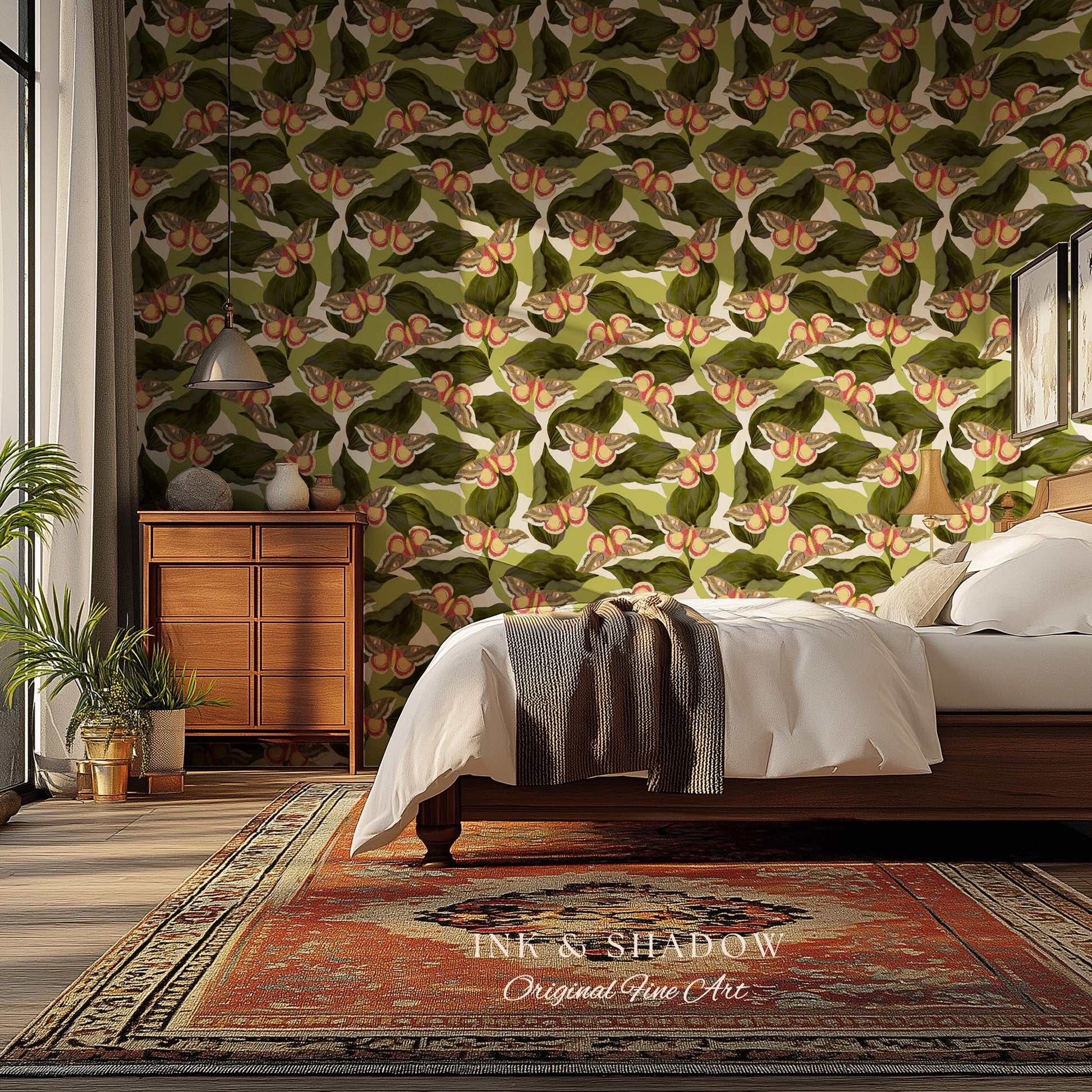 Retro Moth Wallpaper Green | Renter Friendly Peel & Stick Wall Decor Eclectic Whimsy Maximalist Home George Shaw's Butterfly Collage