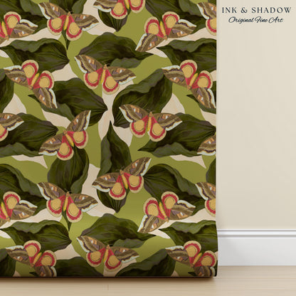 Retro Moth Wallpaper Green | Renter Friendly Peel & Stick Wall Decor Eclectic Whimsy Maximalist Home George Shaw's Butterfly Collage