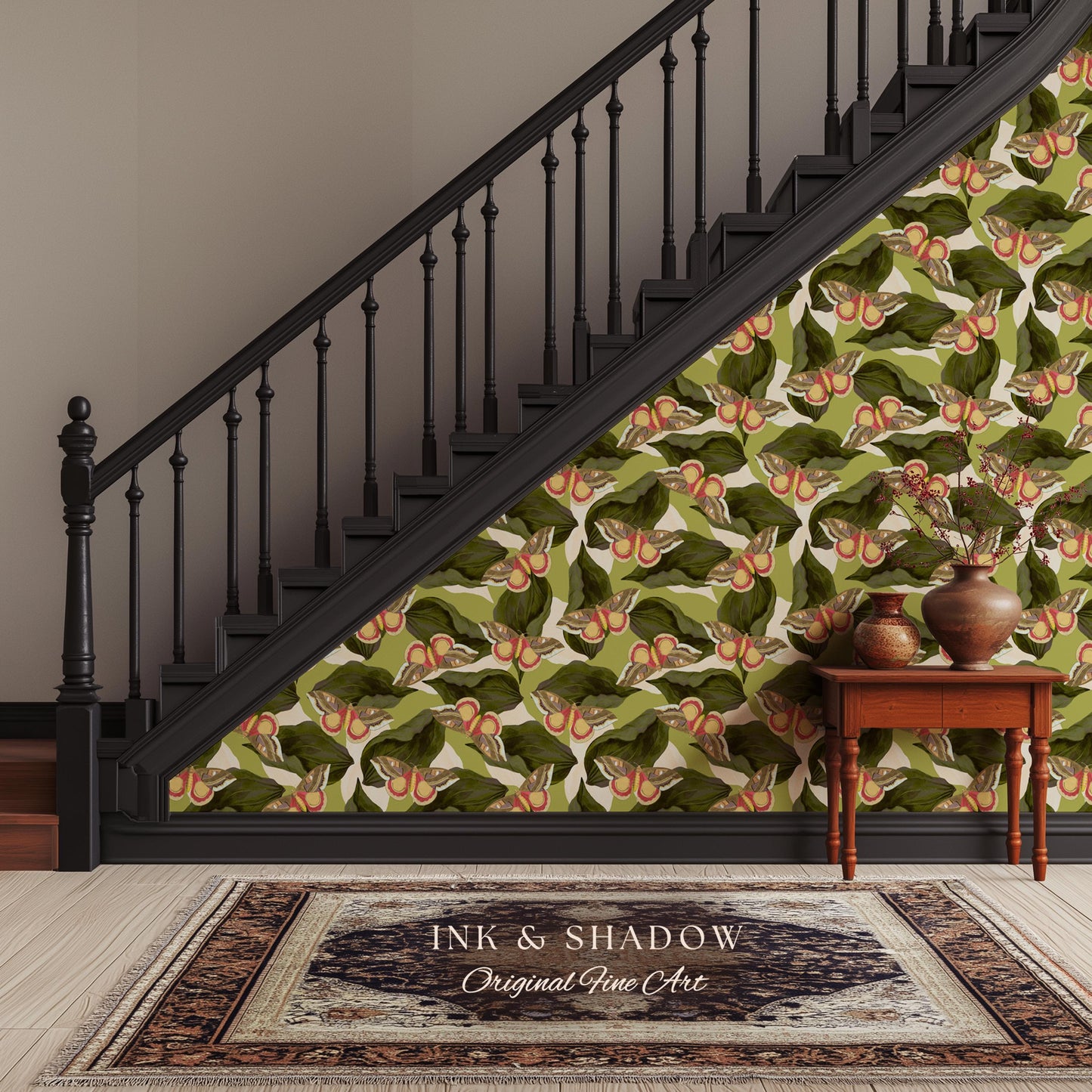Retro Moth Wallpaper Green | Renter Friendly Peel & Stick Wall Decor Eclectic Whimsy Maximalist Home George Shaw's Butterfly Collage