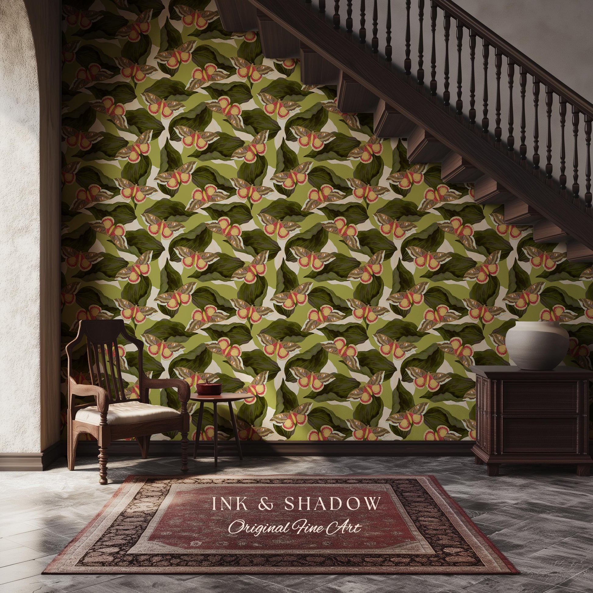 Retro Moth Wallpaper Green | Renter Friendly Peel & Stick Wall Decor Eclectic Whimsy Maximalist Home George Shaw's Butterfly Collage