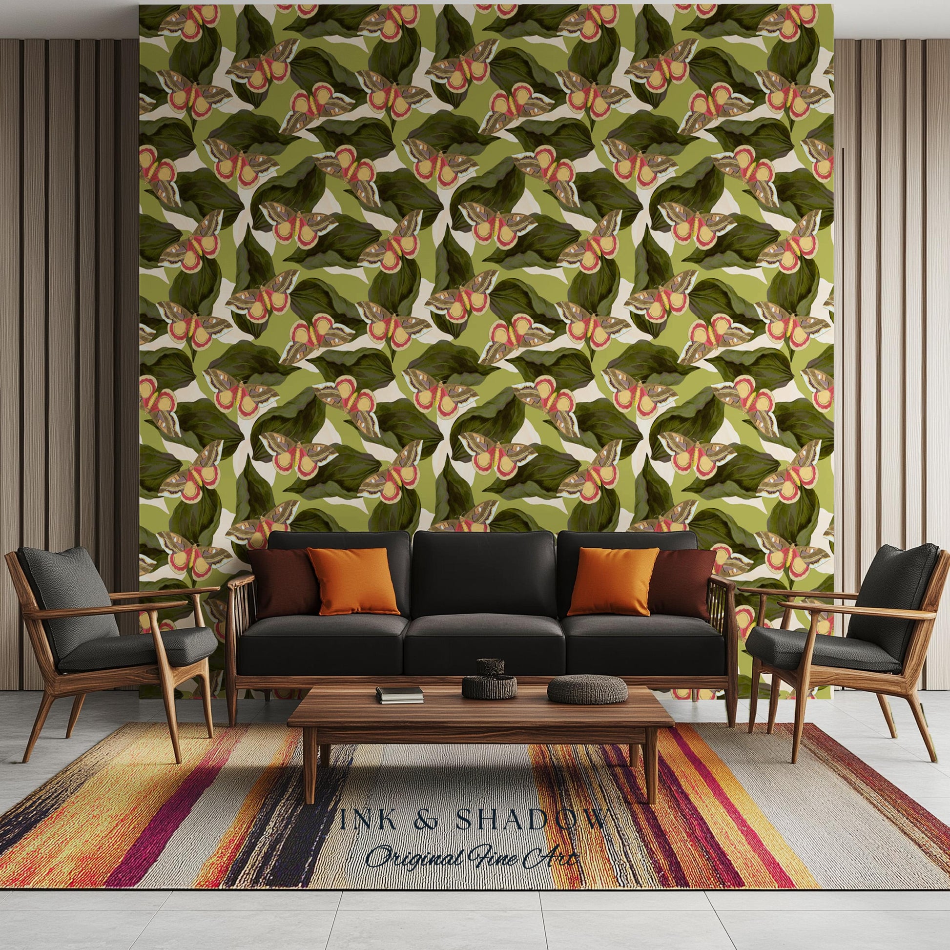 Retro Moth Wallpaper Green | Renter Friendly Peel & Stick Wall Decor Eclectic Whimsy Maximalist Home George Shaw's Butterfly Collage