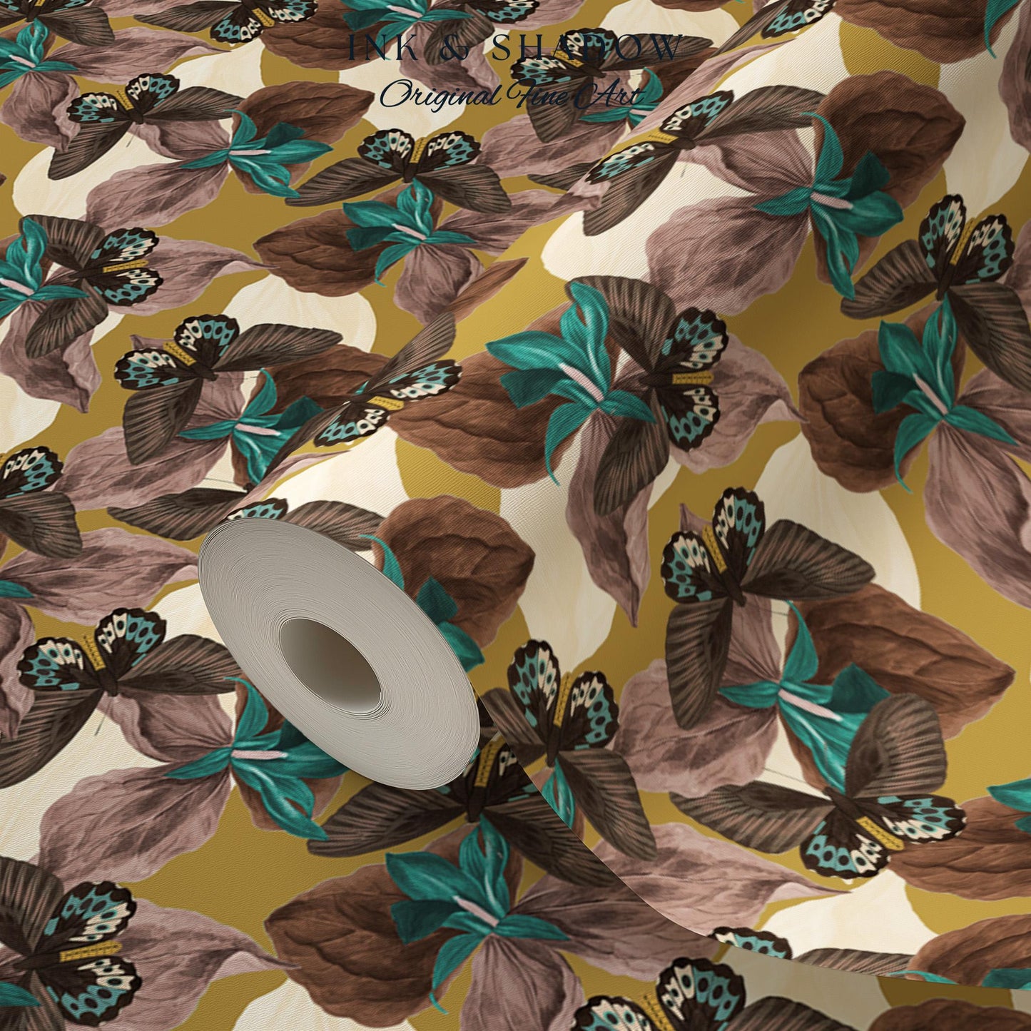 Orchid Butterfly Accent Wallpaper | Gold Vintage Inspired Peel & Stick Renter Friendly Wall Decor Botanical Maximalist Floral Eclectic Home