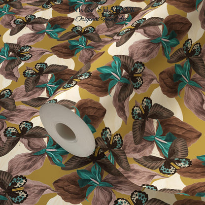 Orchid Butterfly Accent Wallpaper | Gold Vintage Inspired Peel & Stick Renter Friendly Wall Decor Botanical Maximalist Floral Eclectic Home