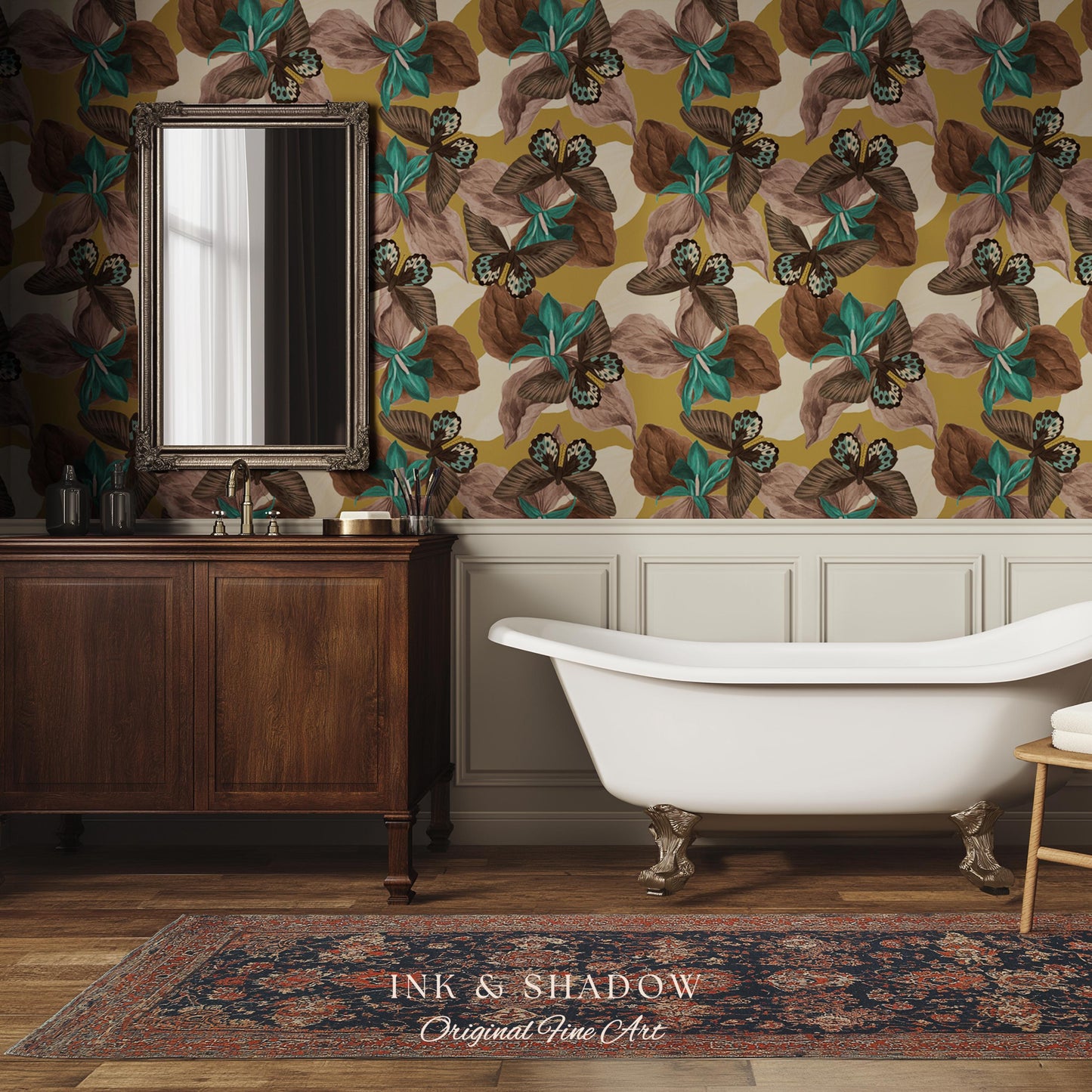 Orchid Butterfly Accent Wallpaper | Gold Vintage Inspired Peel & Stick Renter Friendly Wall Decor Botanical Maximalist Floral Eclectic Home