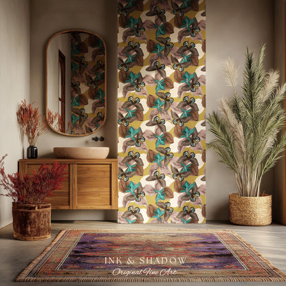 Orchid Butterfly Accent Wallpaper | Gold Vintage Inspired Peel & Stick Renter Friendly Wall Decor Botanical Maximalist Floral Eclectic Home