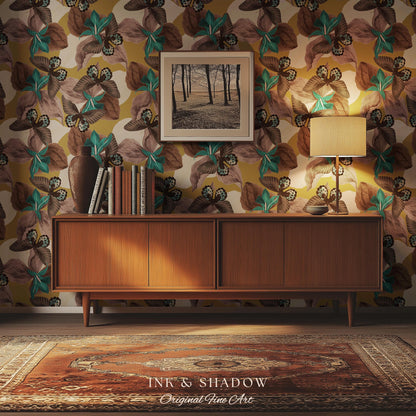 Orchid Butterfly Accent Wallpaper | Gold Vintage Inspired Peel & Stick Renter Friendly Wall Decor Botanical Maximalist Floral Eclectic Home
