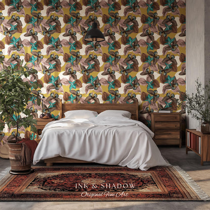 Orchid Butterfly Accent Wallpaper | Gold Vintage Inspired Peel & Stick Renter Friendly Wall Decor Botanical Maximalist Floral Eclectic Home
