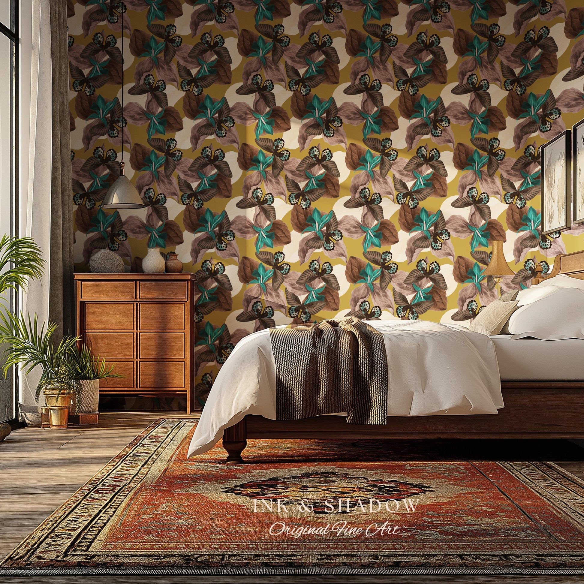 Orchid Butterfly Accent Wallpaper | Gold Vintage Inspired Peel & Stick Renter Friendly Wall Decor Botanical Maximalist Floral Eclectic Home