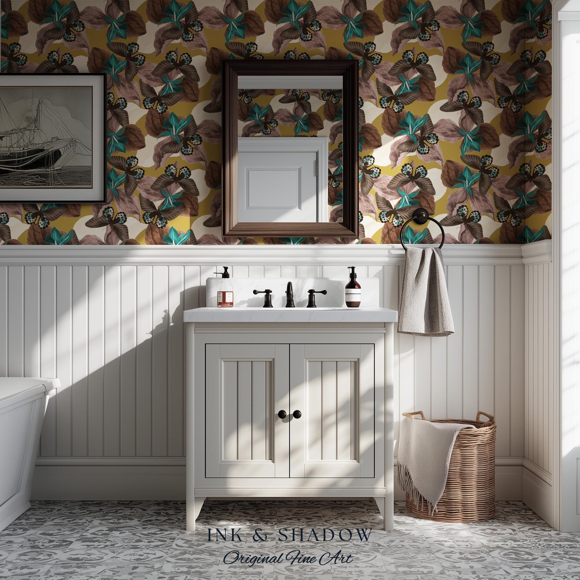 Orchid Butterfly Accent Wallpaper | Gold Vintage Inspired Peel & Stick Renter Friendly Wall Decor Botanical Maximalist Floral Eclectic Home