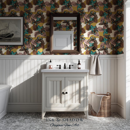Orchid Butterfly Accent Wallpaper | Gold Vintage Inspired Peel & Stick Renter Friendly Wall Decor Botanical Maximalist Floral Eclectic Home