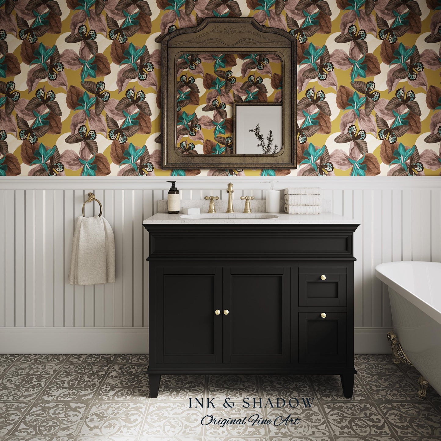 Orchid Butterfly Accent Wallpaper | Gold Vintage Inspired Peel & Stick Renter Friendly Wall Decor Botanical Maximalist Floral Eclectic Home