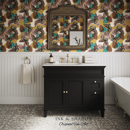 Orchid Butterfly Accent Wallpaper | Gold Vintage Inspired Peel & Stick Renter Friendly Wall Decor Botanical Maximalist Floral Eclectic Home