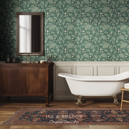 Teal Blue Accent Wallpaper | Stylish Home Decor Whimsical Peel & Stick Wall Art Maximalist Boho Cottage Style Bedroom Renter Friendly Art