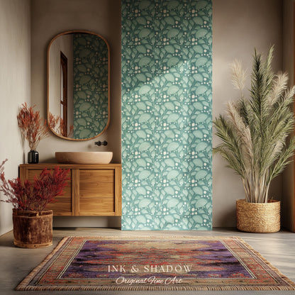 Teal Blue Accent Wallpaper | Stylish Home Decor Whimsical Peel & Stick Wall Art Maximalist Boho Cottage Style Bedroom Renter Friendly Art