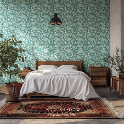 Teal Blue Accent Wallpaper | Stylish Home Decor Whimsical Peel & Stick Wall Art Maximalist Boho Cottage Style Bedroom Renter Friendly Art