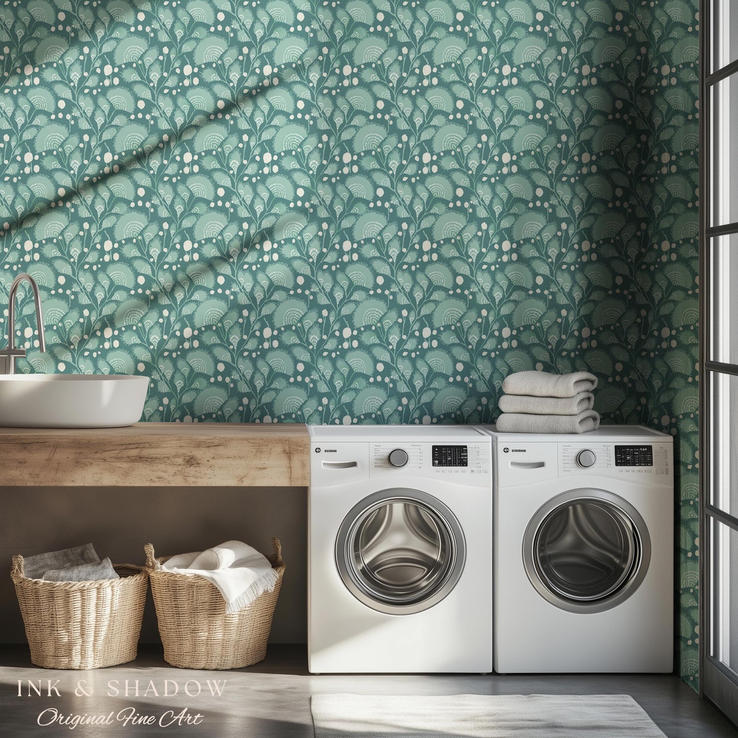 Teal Blue Accent Wallpaper | Stylish Home Decor Whimsical Peel & Stick Wall Art Maximalist Boho Cottage Style Bedroom Renter Friendly Art