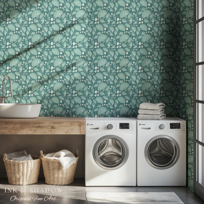 Teal Blue Accent Wallpaper | Stylish Home Decor Whimsical Peel & Stick Wall Art Maximalist Boho Cottage Style Bedroom Renter Friendly Art