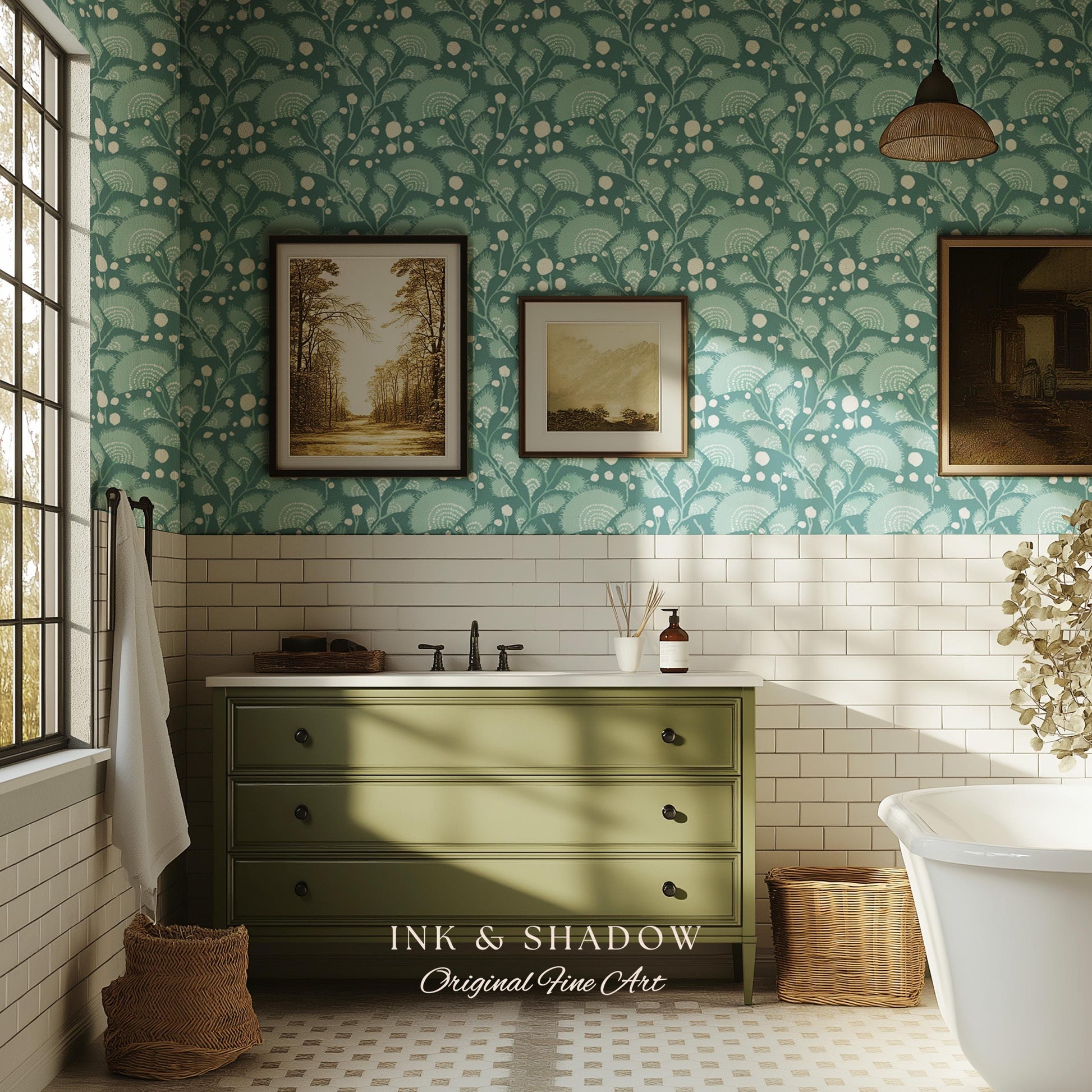 Teal Blue Accent Wallpaper | Stylish Home Decor Whimsical Peel & Stick Wall Art Maximalist Boho Cottage Style Bedroom Renter Friendly Art