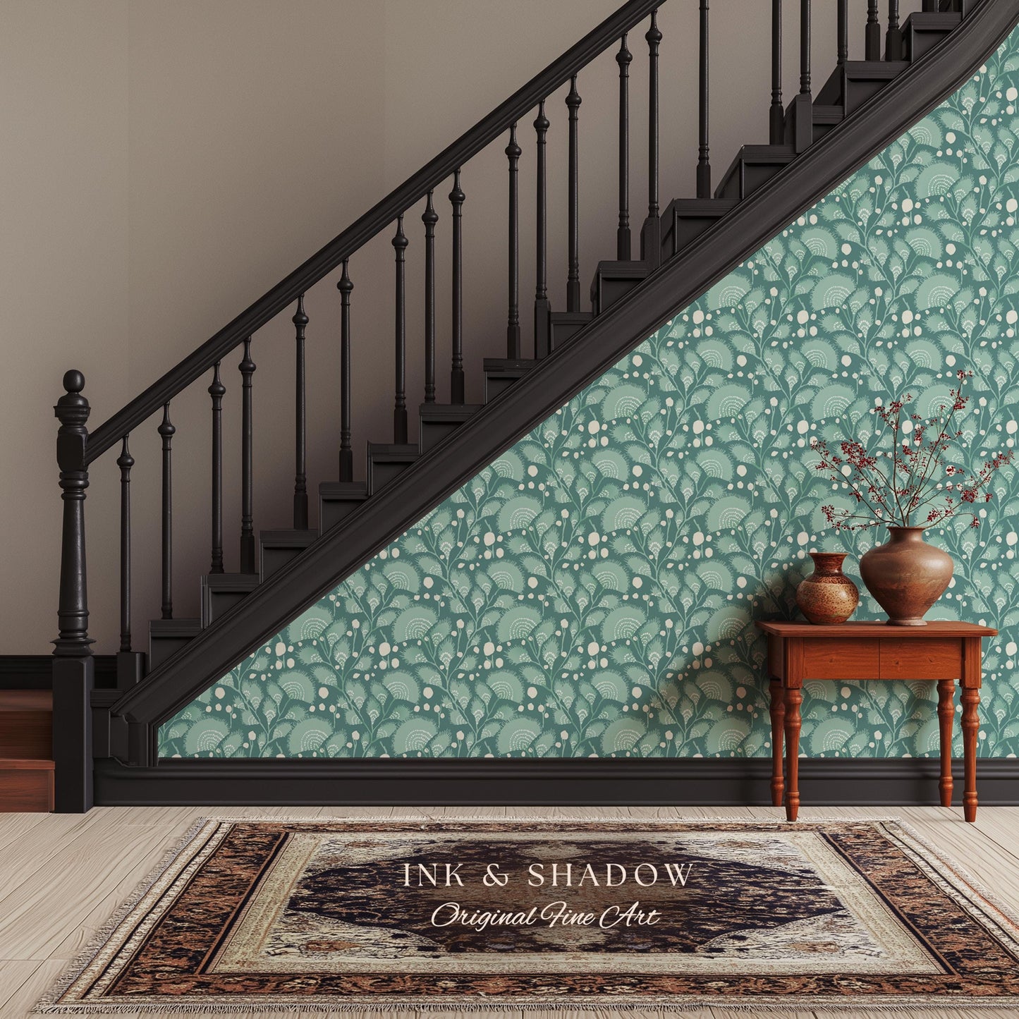 Teal Blue Accent Wallpaper | Stylish Home Decor Whimsical Peel & Stick Wall Art Maximalist Boho Cottage Style Bedroom Renter Friendly Art