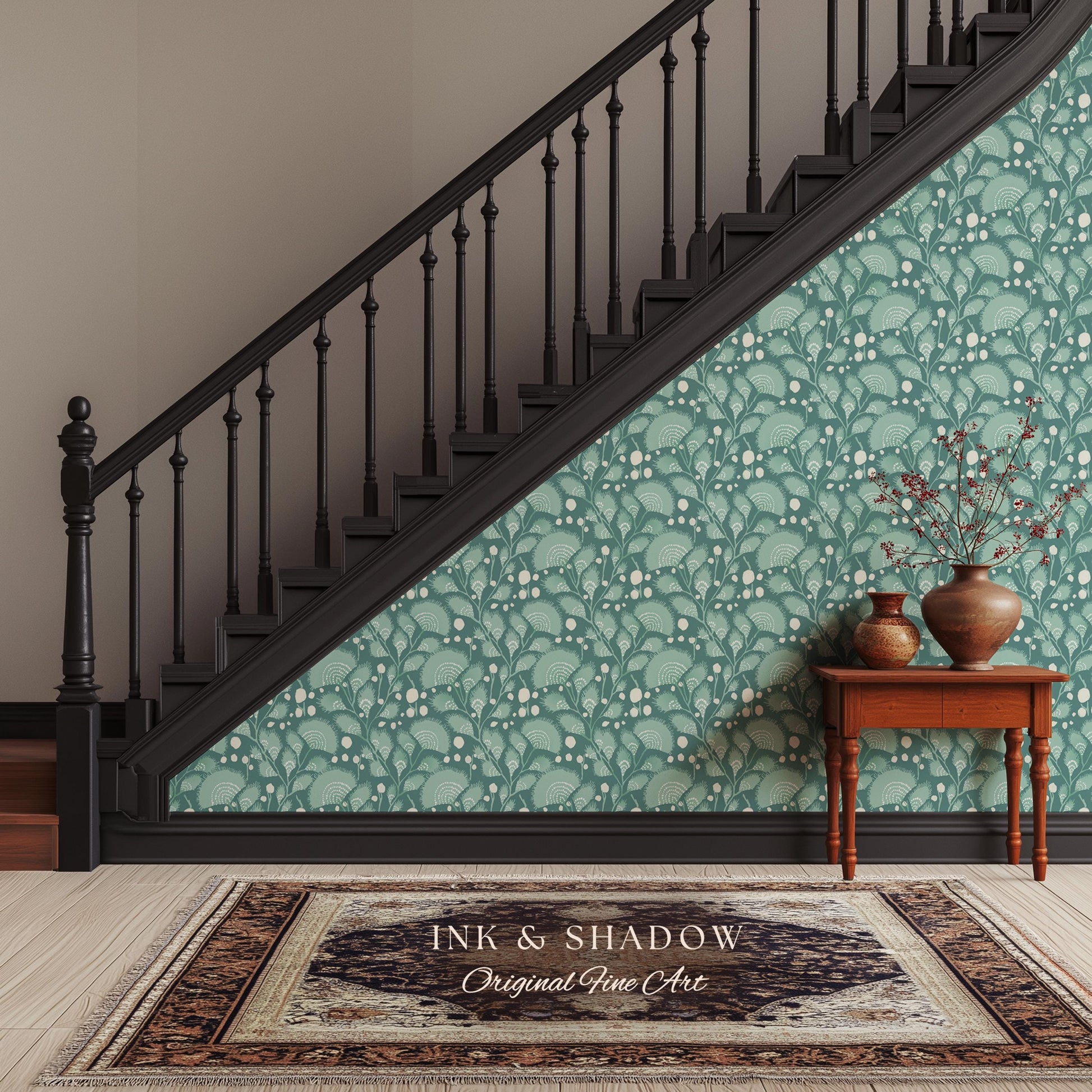 Teal Blue Accent Wallpaper | Stylish Home Decor Whimsical Peel & Stick Wall Art Maximalist Boho Cottage Style Bedroom Renter Friendly Art