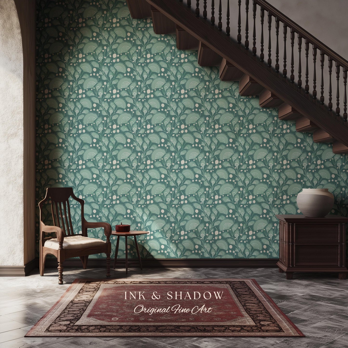 Teal Blue Accent Wallpaper | Stylish Home Decor Whimsical Peel & Stick Wall Art Maximalist Boho Cottage Style Bedroom Renter Friendly Art