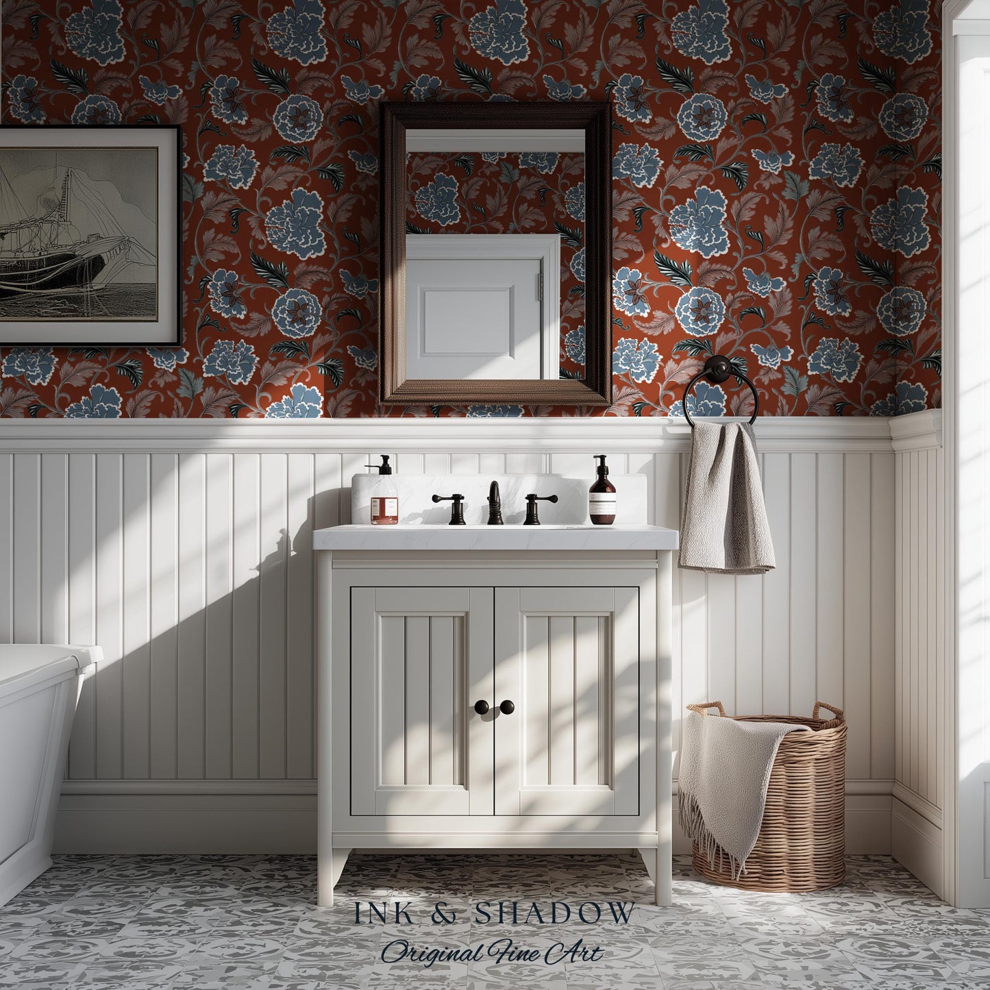 Intricate Florals Rustic Wallpaper | Peel & Stick Chinoiserie Wall Decor Renter Friendly Elegant Maximalist Chateau Rust Orange Blue Flowers