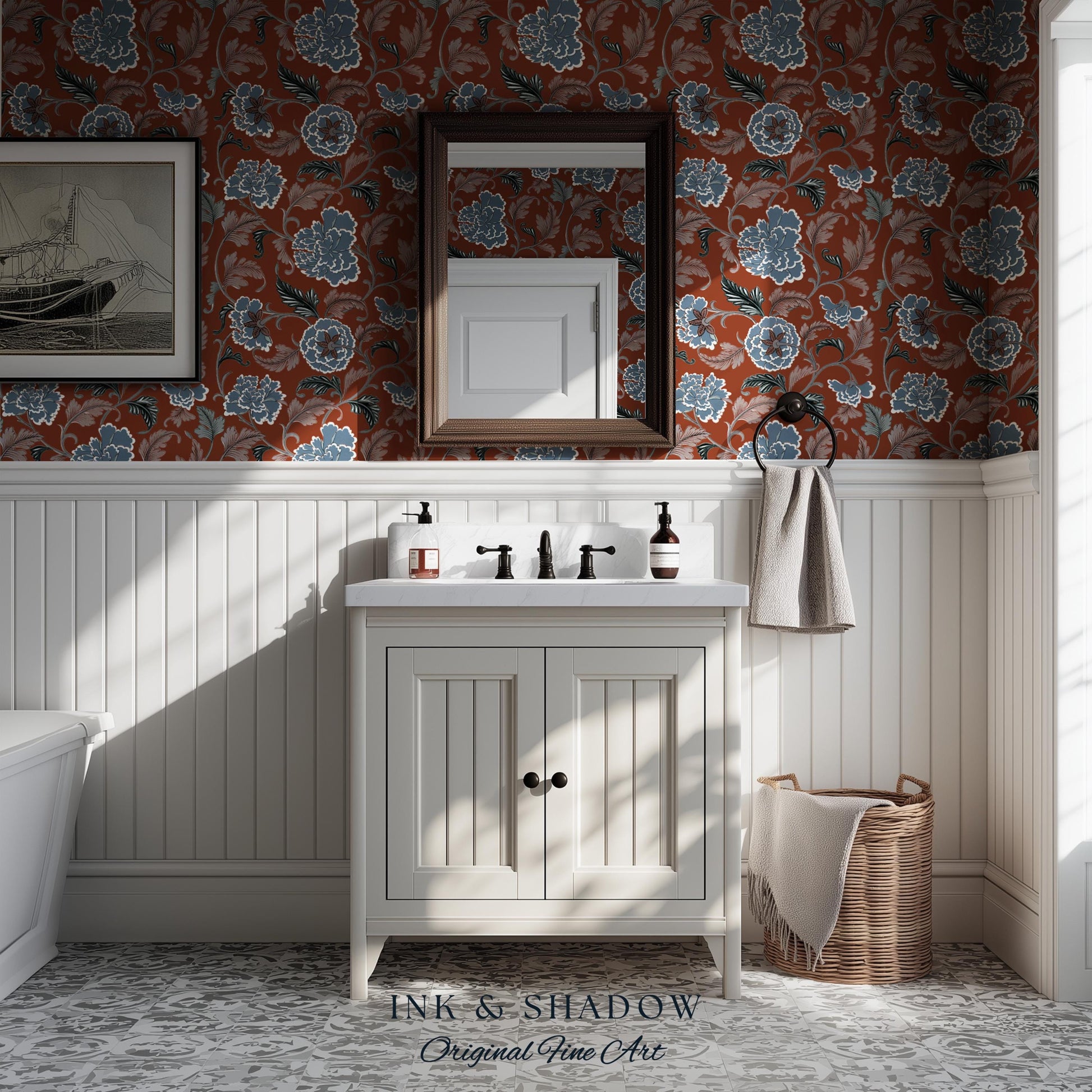 Intricate Florals Rustic Wallpaper | Peel & Stick Chinoiserie Wall Decor Renter Friendly Elegant Maximalist Chateau Rust Orange Blue Flowers